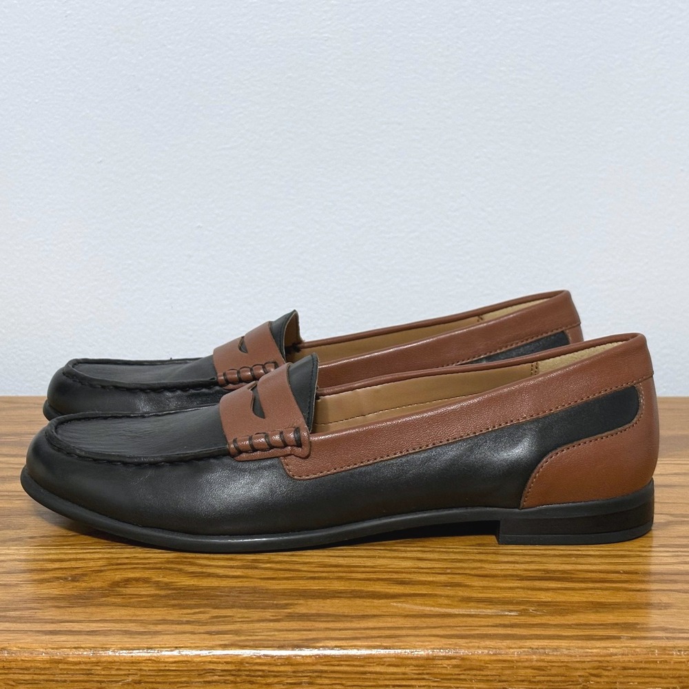 Array Womens 9.5N Black Brown Leather Penny Loafers Colorblock Flats NO BOX